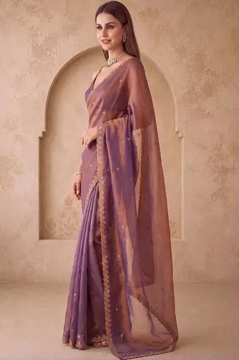 Purple embellished embroidered silk blend designer saree
