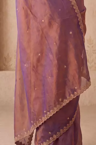 Purple embellished embroidered silk blend designer saree