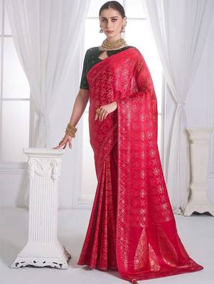 Red woven design zari satin heavy work banarasi saree 1