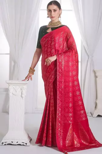 Red woven design zari satin heavy work banarasi saree