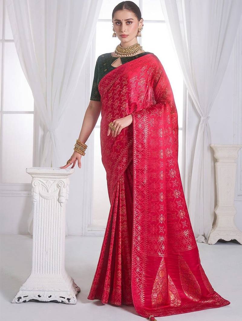 Red woven design zari satin heavy work banarasi saree