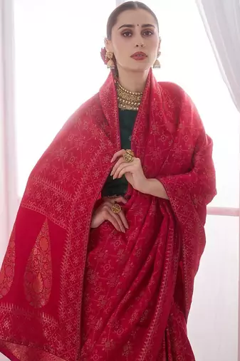 Red woven design zari satin heavy work banarasi saree