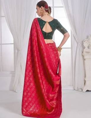Red woven design zari satin heavy work banarasi saree 3