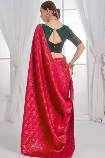 Red woven design zari satin heavy work banarasi saree