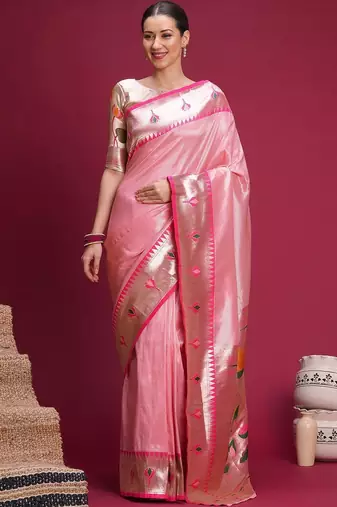 Pink floral zari silk blend handloom paithani saree