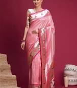 Pink floral zari silk blend handloom paithani saree