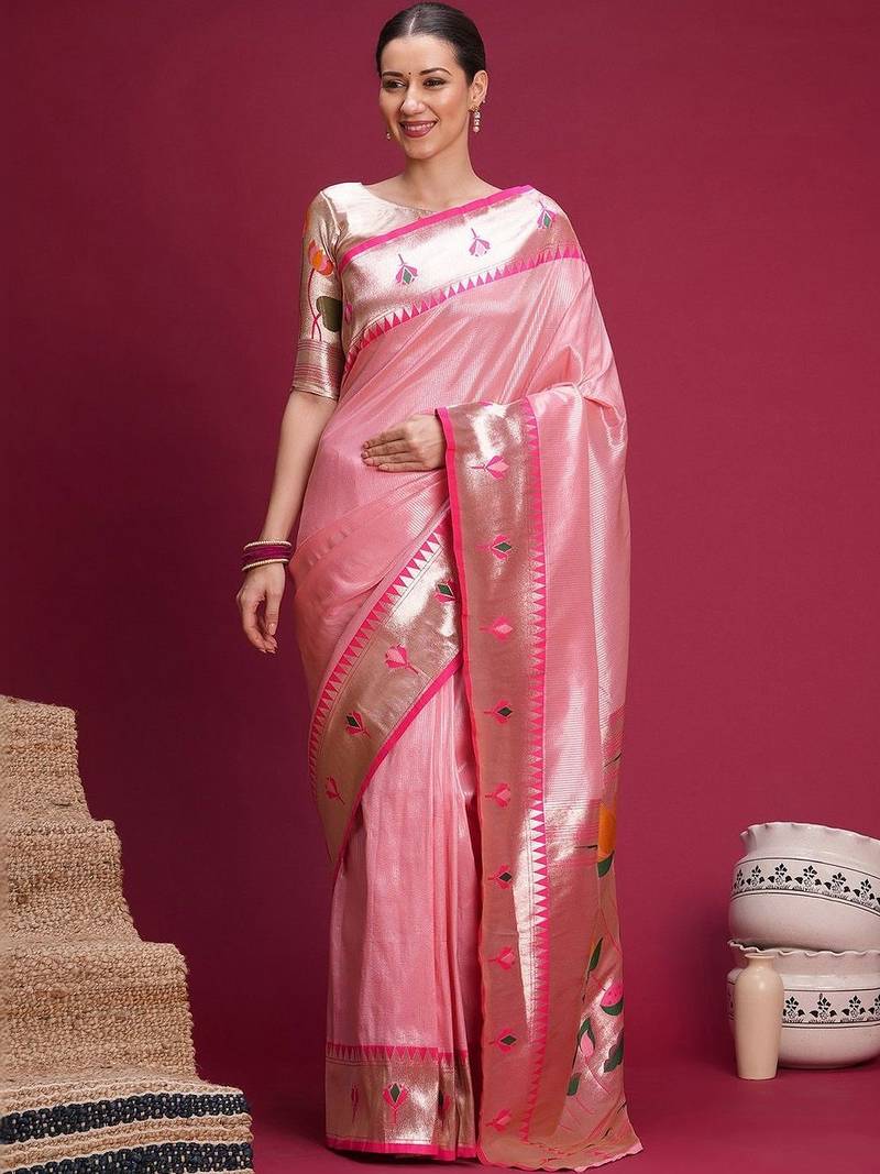 Pink floral zari silk blend handloom paithani saree