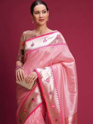 Pink floral zari silk blend handloom paithani saree 2