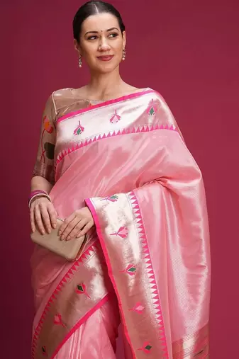 Pink floral zari silk blend handloom paithani saree