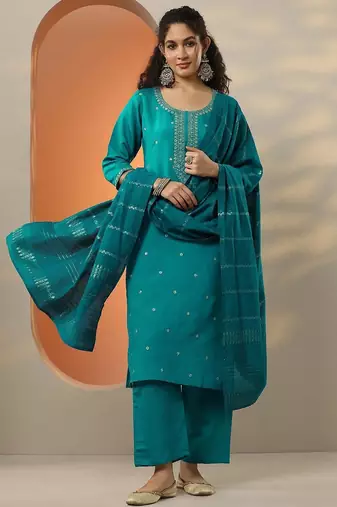 ethnic motifs embroidered regular thread work kurta & trousers with dupatta