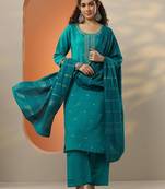 ethnic motifs embroidered regular thread work kurta & trousers with dupatta