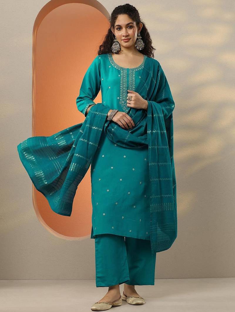 ethnic motifs embroidered regular thread work kurta & trousers with dupatta