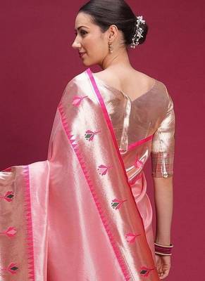 Pink floral zari silk blend handloom paithani saree 3