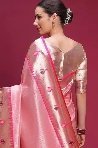 Pink floral zari silk blend handloom paithani saree