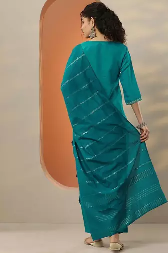 ethnic motifs embroidered regular thread work kurta & trousers with dupatta
