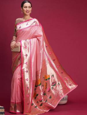 Pink floral zari silk blend handloom paithani saree 4
