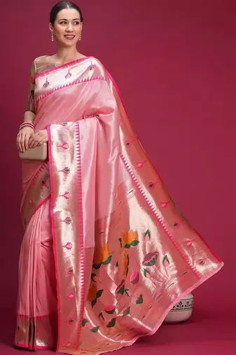 Pink floral zari silk blend handloom paithani saree