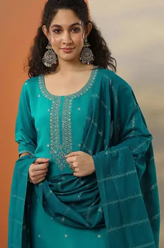ethnic motifs embroidered regular thread work kurta & trousers with dupatta