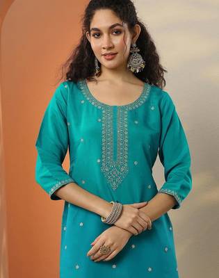 ethnic motifs embroidered regular thread work kurta & trousers with dupatta 6