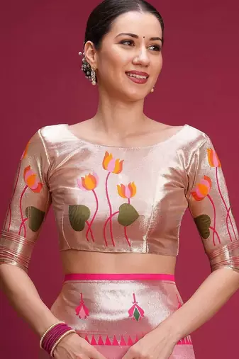 Pink floral zari silk blend handloom paithani saree