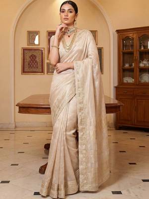 Cream woven design zari silk blend designer mysore silk saree 1