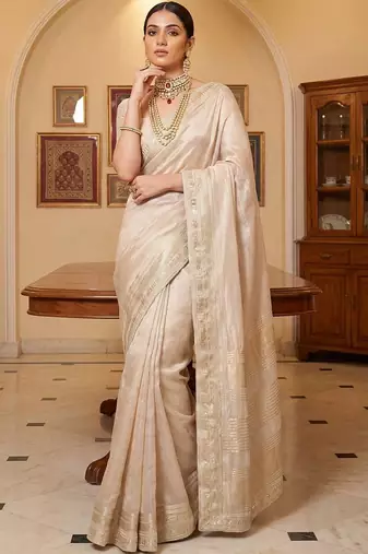 Cream woven design zari silk blend designer mysore silk saree