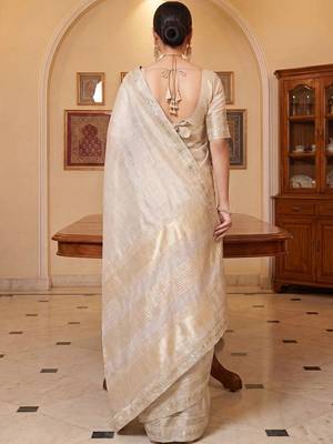 Cream woven design zari silk blend designer mysore silk saree 2
