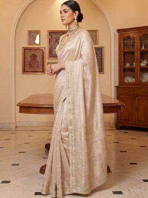 Cream woven design zari silk blend designer mysore silk saree 3