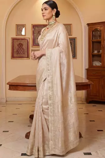 Cream woven design zari silk blend designer mysore silk saree