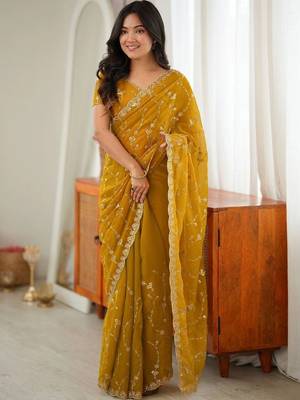 Mustard embellished embroidered tissue designer saree 1