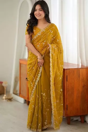 Mustard embellished embroidered tissue designer saree