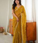 Mustard embellished embroidered tissue designer saree