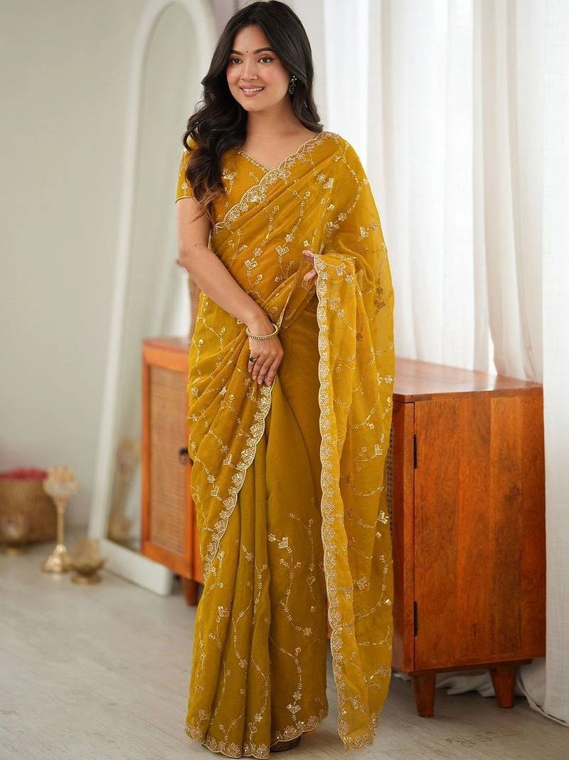 Mustard embellished embroidered tissue designer saree