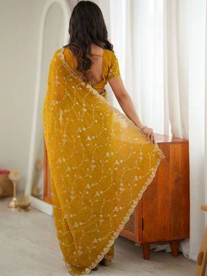 Mustard embellished embroidered tissue designer saree 2