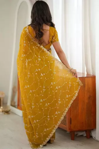 Mustard embellished embroidered tissue designer saree