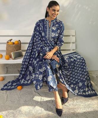 libas blue floral printed cotton blend straight suit set with dupatta 1