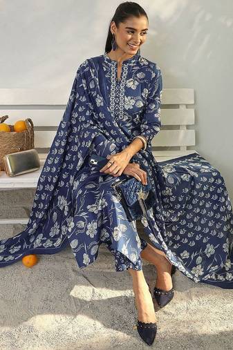 libas blue floral printed cotton blend straight suit set with dupatta