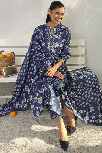 libas blue floral printed cotton blend straight suit set with dupatta