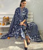 libas blue floral printed cotton blend straight suit set with dupatta