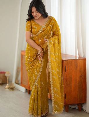 Mustard embellished embroidered tissue designer saree 3