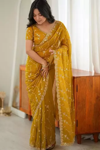 Mustard embellished embroidered tissue designer saree