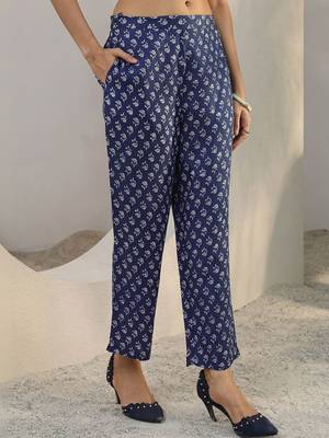 libas blue floral printed cotton blend straight suit set with dupatta 2