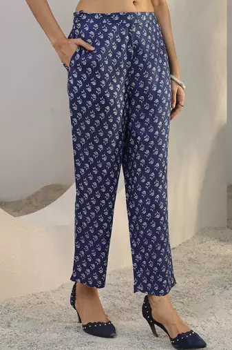 libas blue floral printed cotton blend straight suit set with dupatta