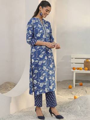 libas blue floral printed cotton blend straight suit set with dupatta 3