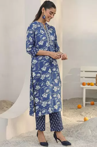 libas blue floral printed cotton blend straight suit set with dupatta