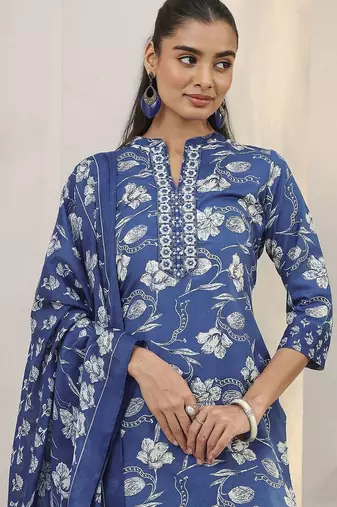 libas blue floral printed cotton blend straight suit set with dupatta