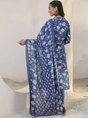 libas blue floral printed cotton blend straight suit set with dupatta 5