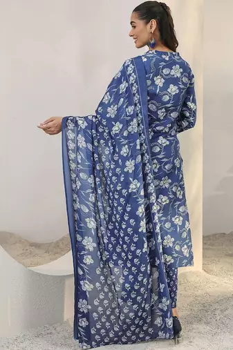 libas blue floral printed cotton blend straight suit set with dupatta
