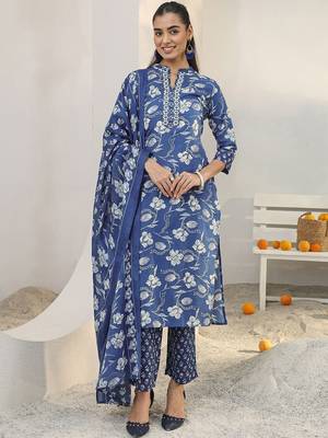 libas blue floral printed cotton blend straight suit set with dupatta 6