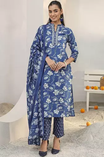 libas blue floral printed cotton blend straight suit set with dupatta